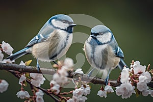 Couple of Blue Tit (Parus caeruleus) on Cherry Blossom generative ai