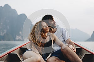 Couple boating on a quiet lake