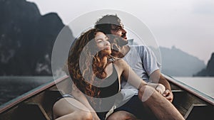 Couple boating on a quiet lake