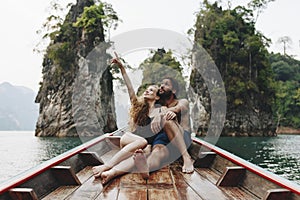 Couple boating on a quiet lake