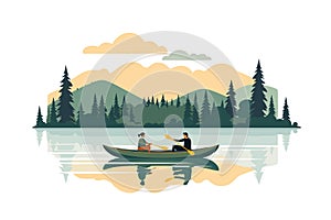 Couple boating on a quiet lake vector flat isolated illustration