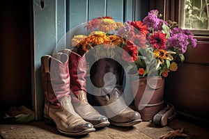 a couple of boots that are sitting on a table with flowers in them and a vase of flowers in front of a door with a window