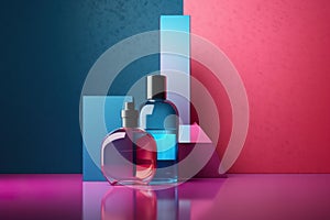 A couple of bottles of perfume sitting on top of a table. Generative AI image.