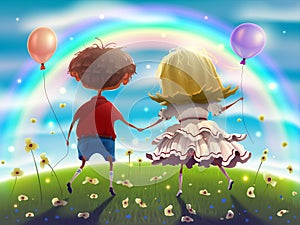 Couple of boy and girl with balloons are walking among green grass and flowers over blue sky and clouds and beautiful rainbow.