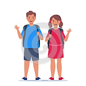 Couple of boy and girl. Portrait of happy school children with backpacks. Two kids standing together. Back to school. Vector