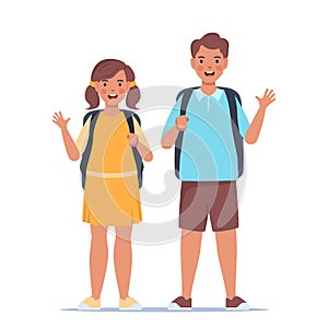 Couple of boy and girl. Portrait of happy school children with backpacks. Two kids standing together. Back to school. Vector
