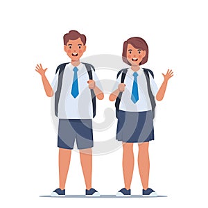 Couple of boy and girl. Portrait of happy school children with backpacks. Two kids standing together. Back to school. Vector