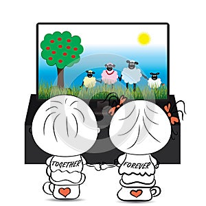 Couple boy and girl watching cartoon about cute sheep on TV