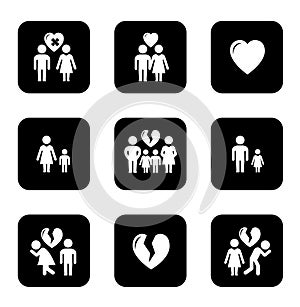 Couple breakup, divorce black icons set