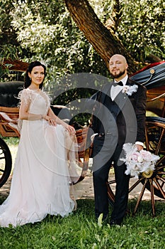 A couple of the bride and groom are standing near the carriage in nature in retro style