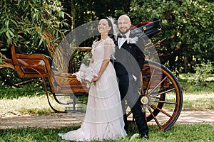 A couple of the bride and groom are standing near the carriage in nature in retro style