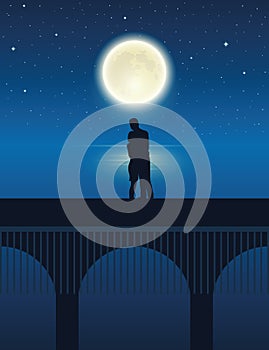 Couple on a bridge by the lake with full moon in a starry night