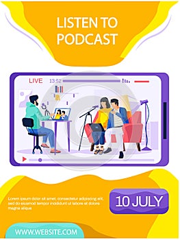 Couple are broadcasting in studio or radio station. Listening to podcasts online concept poster