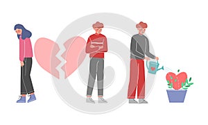 Couple with Broken Heart and Man Watering Plant Vector Set.