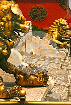 Couple bronze lions guarding the entrance to the inner palace of the Forbidden City. Beijing