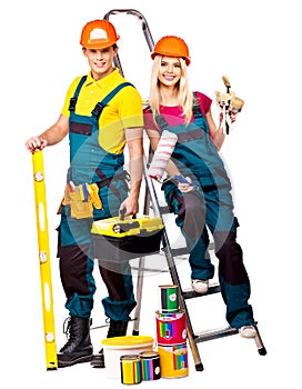 Couple builder with construction tools.