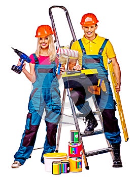 Couple builder with construction tools