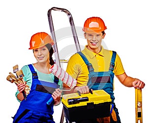 Couple builder with construction tools