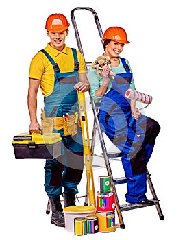 Couple builder with construction tools