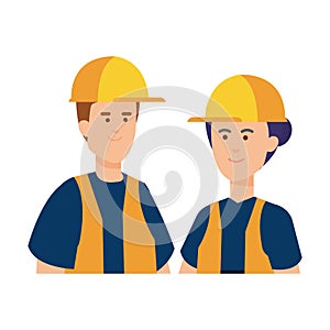 Couple builders workers with helmets