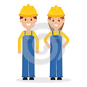 Couple builders workers with helmets