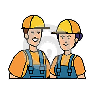 Couple builders workers with helmets