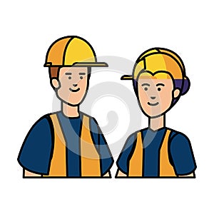 couple builders workers with helmets