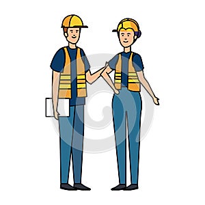 couple builders workers with helmets