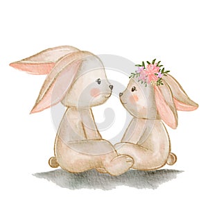 Couple bunny in love valentine watercolor illustration
