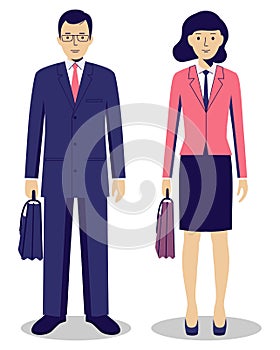 Couple of business man and woman standing together on white background in flat style. Business team and teamwork concept