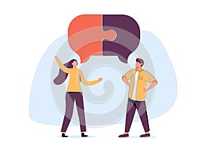 Couple of business people meeting, shaking hands and talking. Speech bubble, connecting halves of puzzle above them.