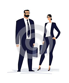 A couple in business suits are standing with briefcases. Man and woman clip art in a flat minimalistic design. Portraits of photo