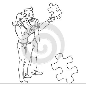 Couple businessmen girl man hold collect puzzle. Business and teamwork concept.