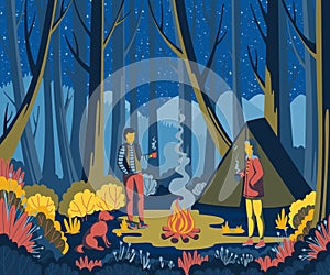 Couple camping in forest with dog and tent. Man and woman drinking coffee near campfire in the night.