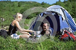 Couple camping in the great outdoors