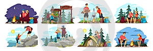 Couple camping illustration set. Man and woman traveling in mountains and forest with backpacks. Tourist outdoor scenes