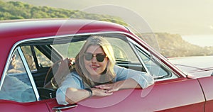 Couple, car and beach summer drive road trip freedom, sunshine sunglasses or journey fun. Man, driving and woman in