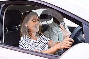 Couple, car and love with window for road trip, travel together and happiness. Happy woman, man and driving in transport