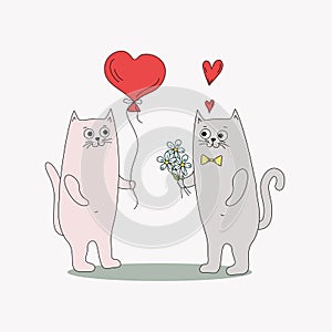 Couple of cartoon cats with balloons and flowers, hearts and a box with a gift. Valentine\'s day, holiday.