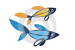Couple of cartoon fish. Marine swimming animals pair for kids illustration. Underwater coral reef tropical fauna. Ocean