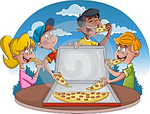 Couple of cartoon people eating junk food.Group of cartoon children eating pepperoni pizza.