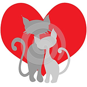 Couple of cats on a background of red hearts for valentines design, cards about love, wedding
