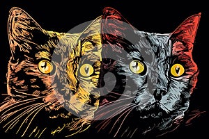 a couple of cats that are sitting next to each other on a black background with a yellow and orange eyeball in the middle of the