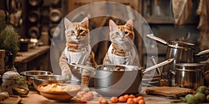 A couple of cats standing next to each other in a kitchen. Generative AI image.