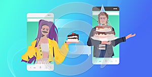 Couple celebrating online party friends having virtual fun celebration concept