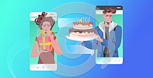 Couple celebrating online party friends having virtual fun celebration concept