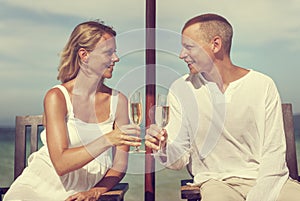 Couple Celebration Beach Summer Toast Champagne Concept