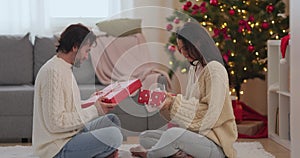 Couple Celebration New Year Near Christmas Tree at Home, Exchange Presents in the Gift Boxes