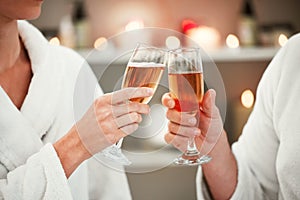 Couple, champagne toast or luxury spa date in marriage success, birthday celebration or holiday travel. Zoom, hands or