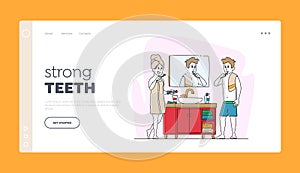 Couple Characters Toothbrushing Procedure Routine.Landing Page Template. Young Woman and Man Stand at Mirror in Bathroom